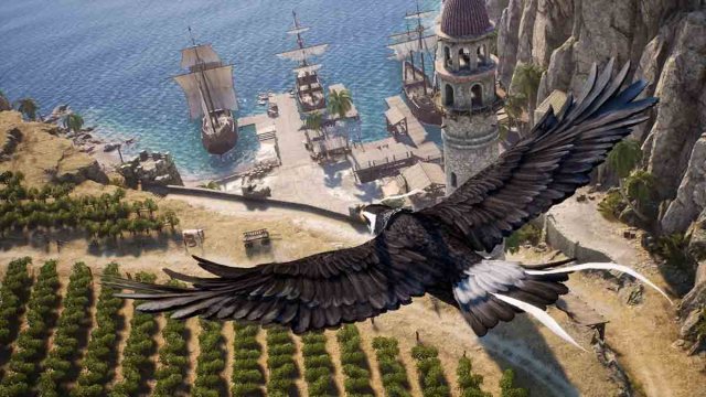 Gameplay from Throne and Liberty showing an eagle flying over a coastal shipyard