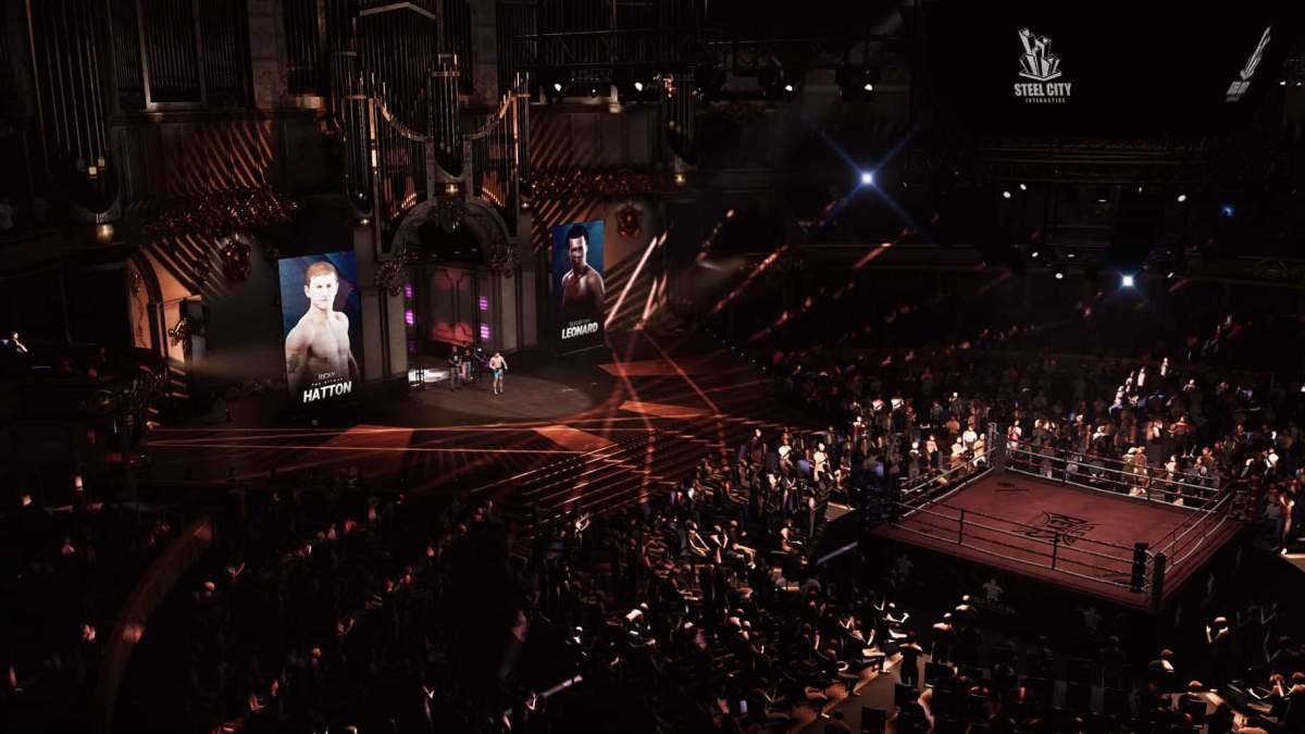 A dark stadium features a boxing ring and runway where two fighters make their way to the ring.