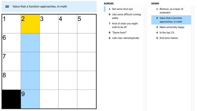 the clue 'Value that a function approaches, in math' highlighted in blue and yellow on the nyt mini crossword puzzle