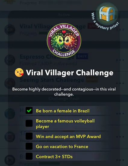 Picture showing the objectives to finish the Viral Villager challenge in BitLife.