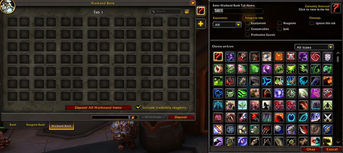 Image of slots within the Warbands Bank tab through WoW