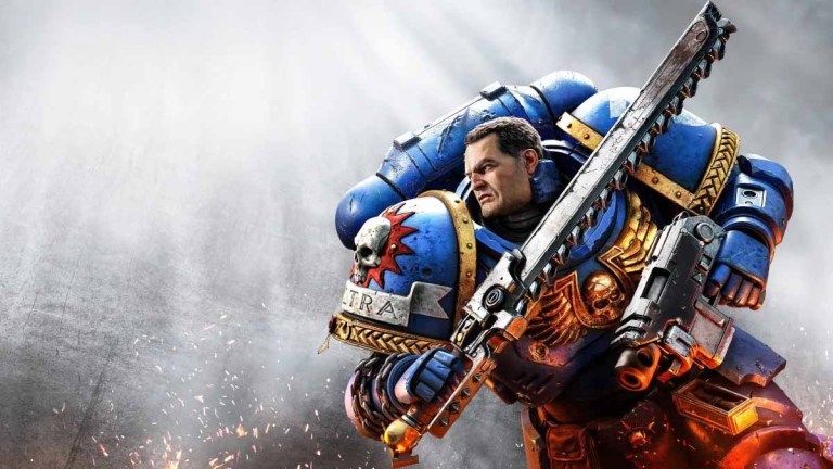 Warhammer 40K Space Marine 2 official artwork showing a space marine wearing armor with a white background