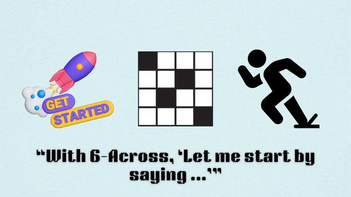 A rocket ship and a person running next to a crossword icon above the clue, 'With 6-Across, "Let me start by saying ..."' from the NYT Mini Crossword Aug. 15