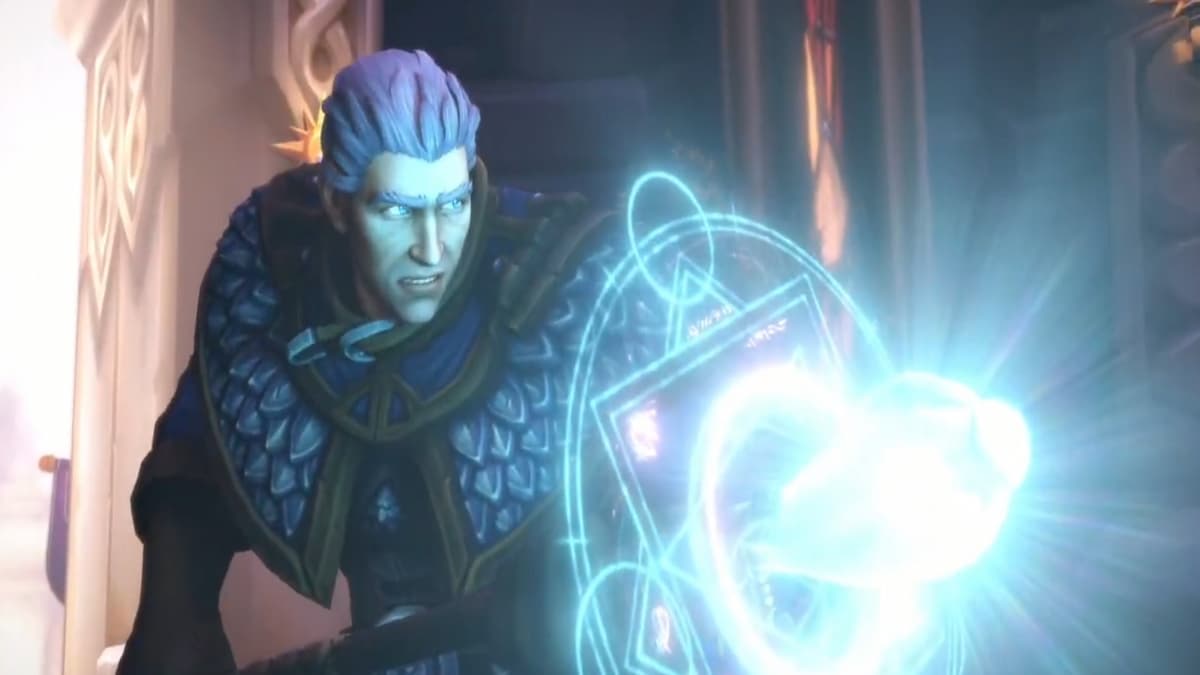 Kadgar igniting his magical staff producing blue runes within WoW The War Within