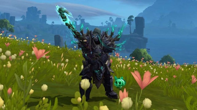 A Frost Death Knight in bone armor standing in a field in WoW The War Within