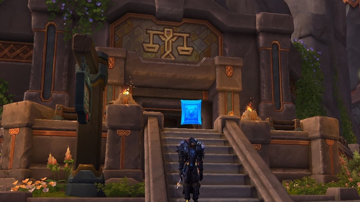 Death Knight in all black standing in front of Dornogal Bank