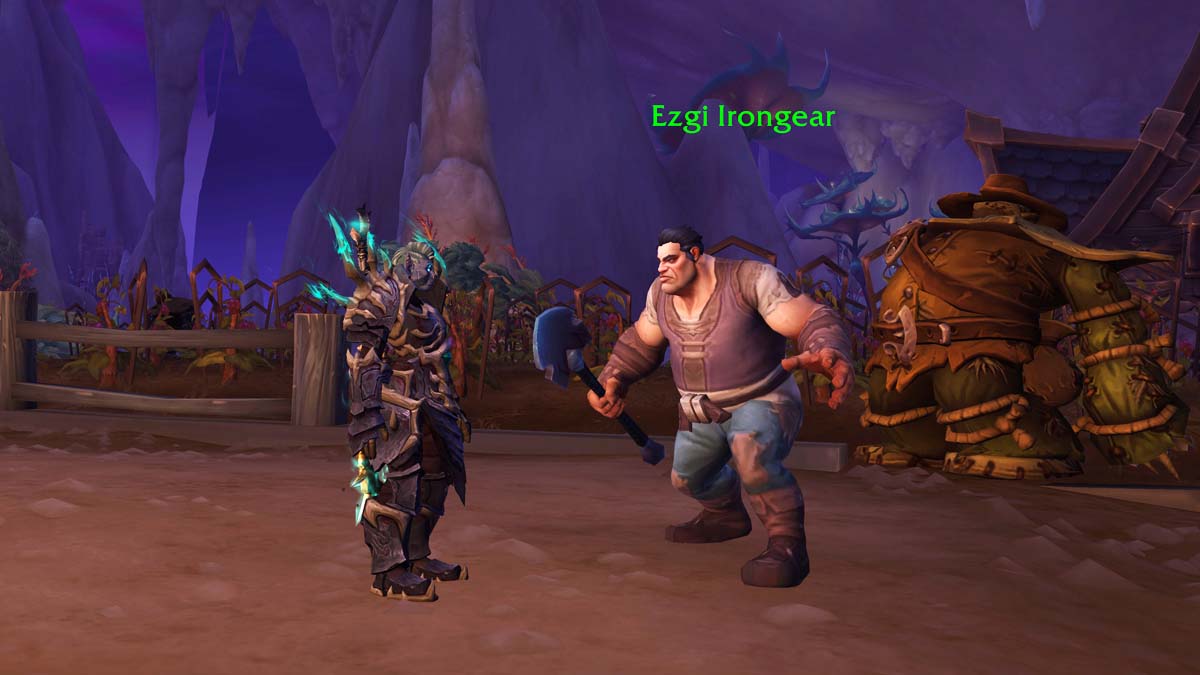 WoW Death Knight talking to Ezgi Irongear, a fat human in WoW The War Within