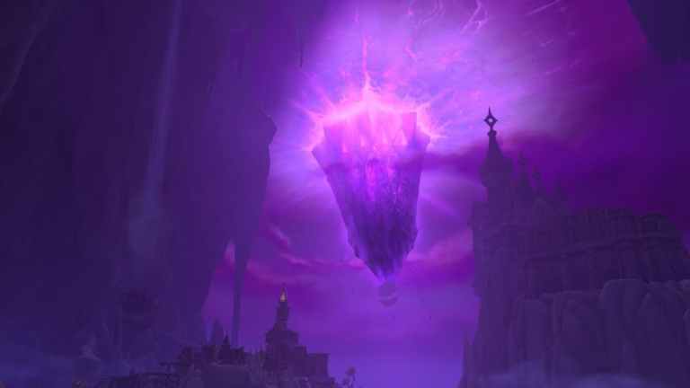 Shining purple gem in sky growing darker with large structures underground rising into the air through WoW The War Within