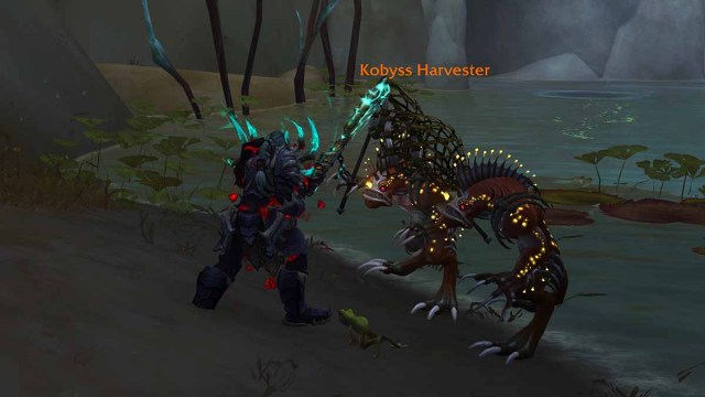 A WoW Death Knight fighting two Kobyss Harvester fish monsters in The War Within expansion