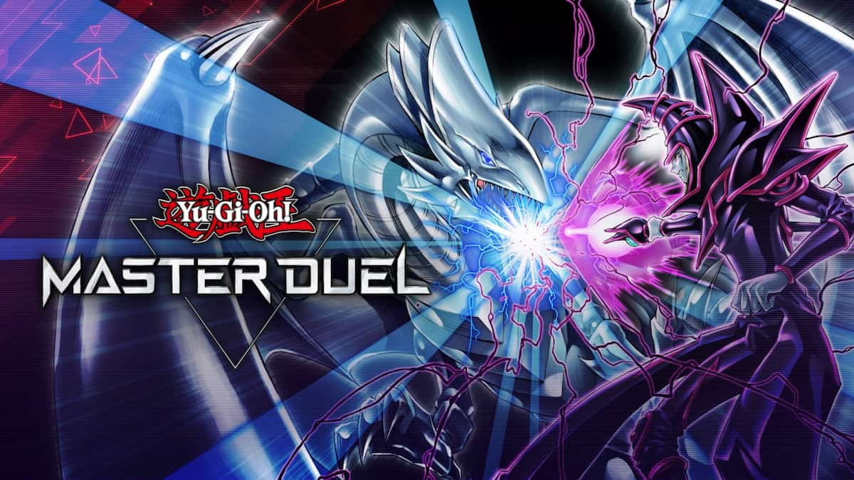 Yu-Gi-Oh! Master Duel home screen image showing Dark Magician using Dark Magic Attack against Blue-Eyes White Dragon's White Lightning.