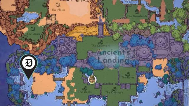 The location of the Ancient Ruins marked on a map in Disney Dreamlight Valley.