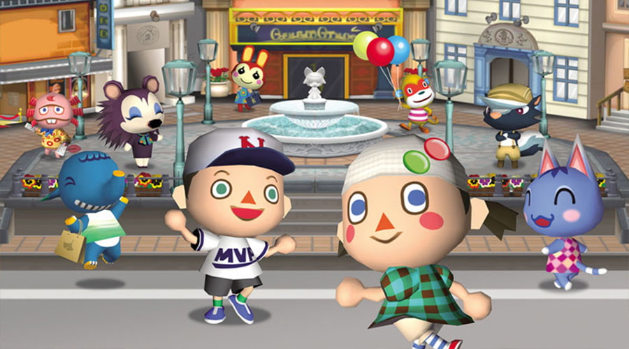 citry folks main box art has two villagers going towards a cvity with a lot of shops, with a fountain in the center.