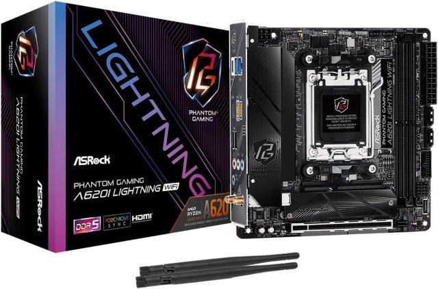 ASRock A620I Lightning WiFi motherboard with its box packaging