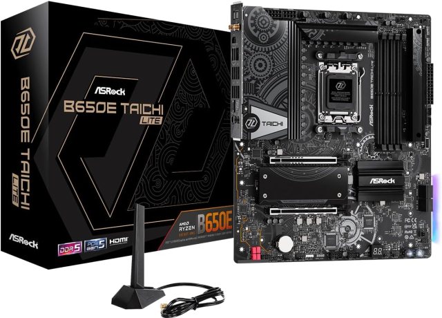 ASRock B650E Taichi Lite motherboard with its box packaging