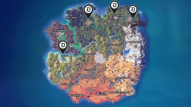 The Raft, Doom Castle, Doom's Courtyard, and Doomstadt marked on the Fortnite map.