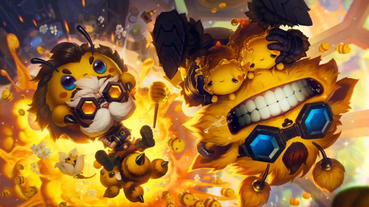 Heimerdinger and Ziggs wearing black and yellow bee outfits for the bee skinline in League of Legends.