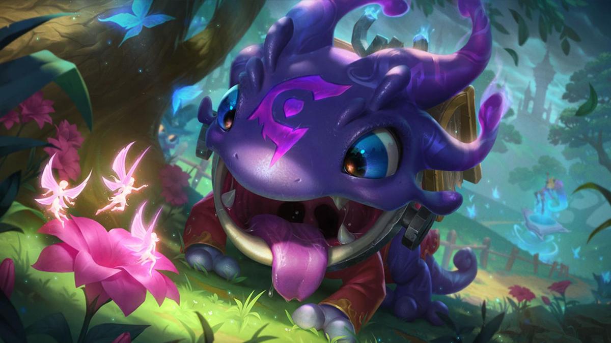 Arcanist Kog'Maw smiles a wide tongue-filled smile at three small pink pixies speaking to him from a flower in League of Legends.