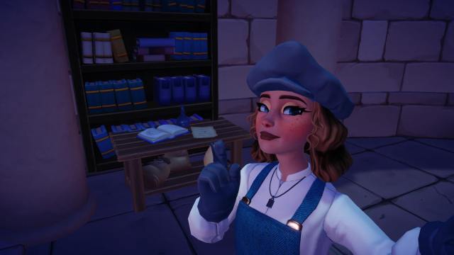 Pointing at the paper with the bird food recipe in Disney Dreamlight Valley.