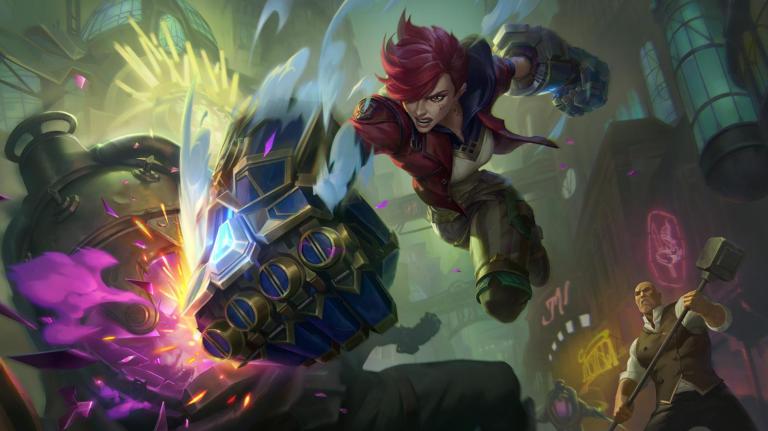 Vi from Arcane leaps into battle with her huge League of Legends battle fists and sdmashes an armored character with pruple sparks flying.