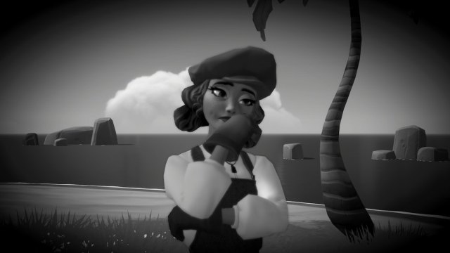 A player thinking on the Black and White Island in Disney Dreamlight Valley.