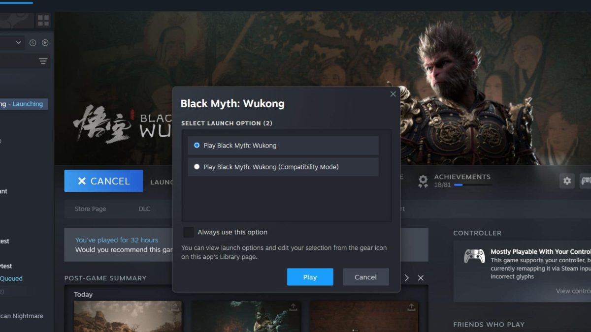 compatibility mode screen when setting up black myth wukong on pc