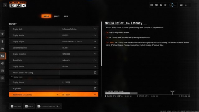 Display Graphics settings in Black Ops 6