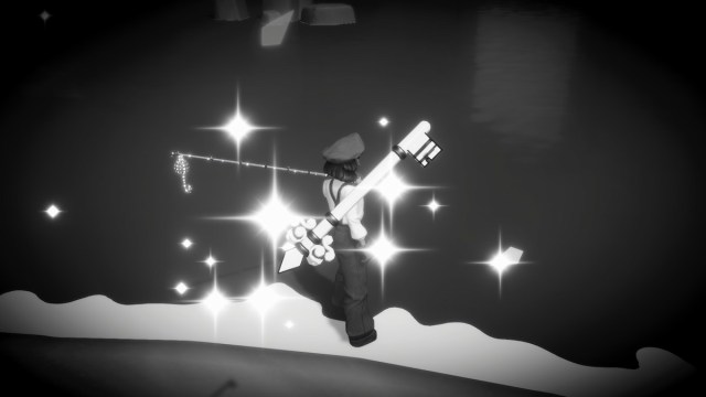 Catching the key from fishing on the Black and White Island in Disney Dreamlight Valley.