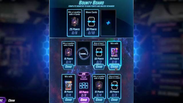 Marvel Snap Alliance Bounty Board with various bounties