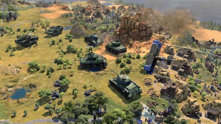 Several tanks and an airplane in Sid Meier's Civilization 7.