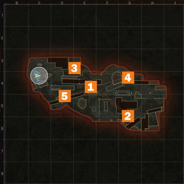 A minimap overview of Derelict in Black Ops 6 with the hardpoints shown.