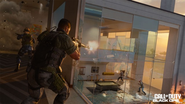 A soldier shoots at enemies while at a highrise resort in Call of Duty's Black Ops 6.