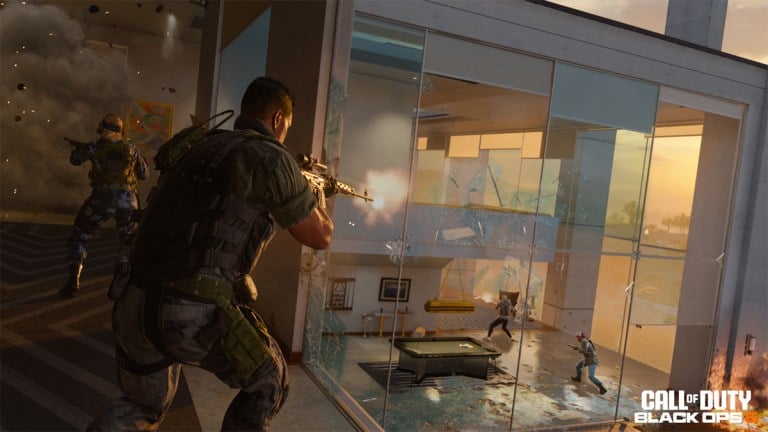 A soldier shoots at enemies while at a highrise resort in Call of Duty's Black Ops 6.