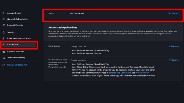 A red box outlining the twitch connection section under the connections tab on the battle net account
