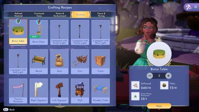 Crafting bistro tables and chairs in Disney Dreamlight Valley.