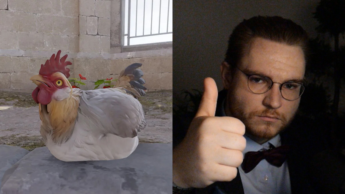 An image of a chicken from CS2 (left), and ohnePixel putting his thumbs ups (right).