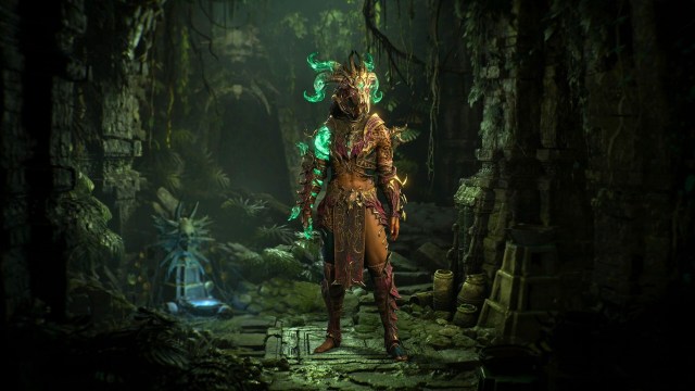 A character wearing the new green and gold dark citadel cosmetic in diablo 4 vessel of hatred