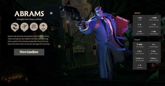 A screenshot of the hero Abrams from Deadlock with stats and abilities displayed.