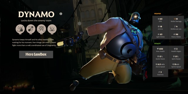 A screenshot of the hero Dynamo from Deadlock with stats and abilities displayed.