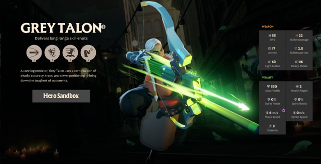 A screenshot of the hero Grey Talon from Deadlock with stats and abilities displayed.