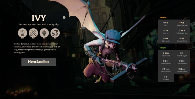 A screenshot of the hero Ivy from Deadlock with stats and abilities displayed.