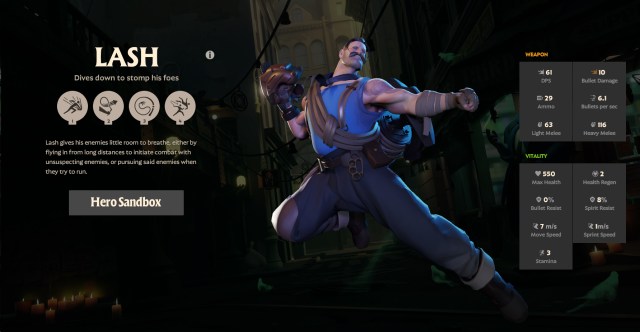 A screenshot of the hero Lash from Deadlock with stats and abilities displayed.