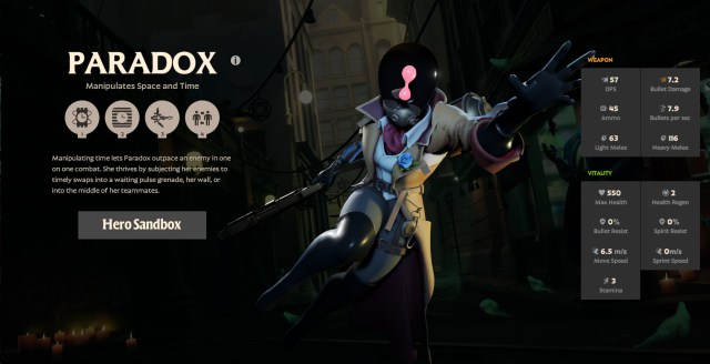 A screenshot of the hero Paradox from Deadlock with stats and abilities displayed.