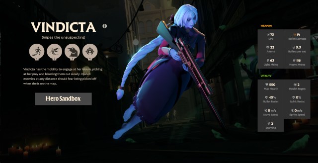 A screenshot of the hero Vindicta from Deadlock with stats and abilities displayed.