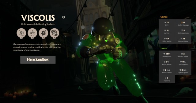 A screenshot of the hero Viscous from Deadlock with stats and abilities displayed.