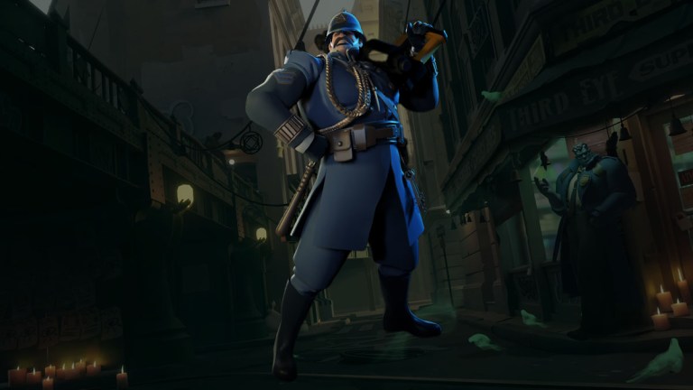 Warden, a man wearing a police officer outfit and wielding a machine gun, stands ready to fight in Deadlock.