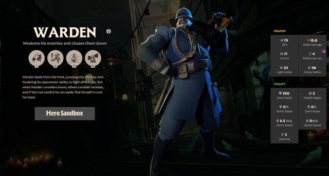 A screenshot of the hero Warden from Deadlock with stats and abilities displayed.