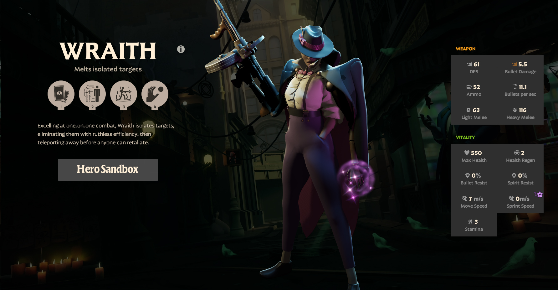 A screenshot of the hero Wraith from Deadlock with stats and abilities displayed.