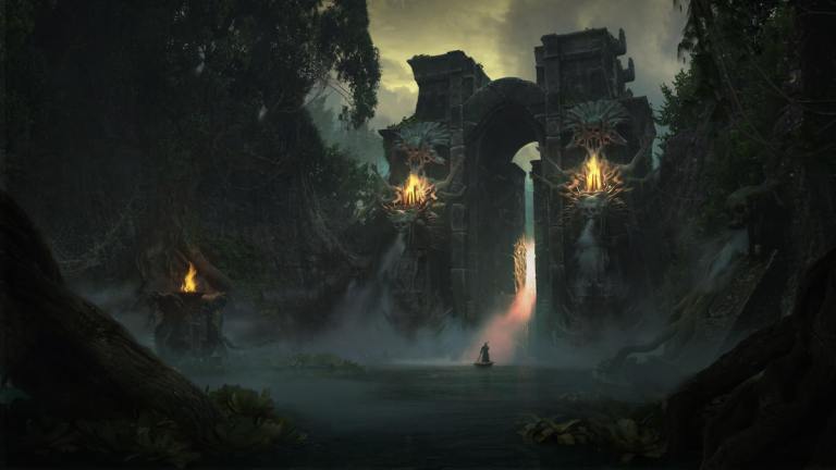 Diablo 4 Vessel of Hatred concept art showing a massive stone gate and forest with a character atop a small boat on a lake in the foreground