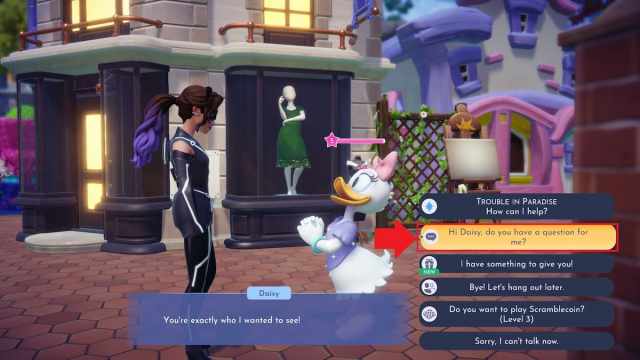 The daily discussion option marked while talking with Daisy Duck in Disney Dreamlight Valley.