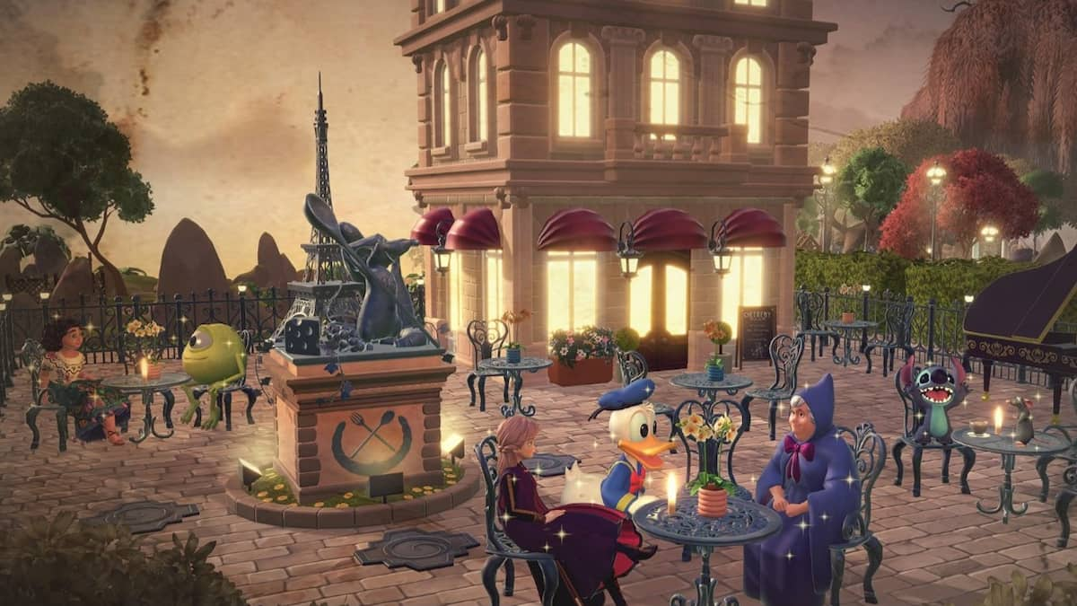 Characters dining outside of Chez Remy in Disney Dreamlight Valley.